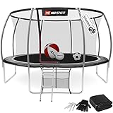 Hop-Sport Trampolin Outdoor - Ø 305 cm - Safety Gartentrampolin Set mit innovativen, gebogenen Netzstangen, Sicherheitsnetz, Leiter und vielen Extras – INTERTEK Zertifizierung, schwarz-grau