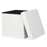 eSituro Sitzhocker mit Stauraum, Faltbarer Hocker, Fußhocker, Polsterhocker, Aufbewahrungsbox Sitzwürfel für Wohnzimmer Schlafzimmer Eingangsbereich, aus Teddyfleece Weiß SOM0209