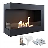 KRATKI Delta 700 Bio-Ethanol-Kamin + Kieselsteine + Trichter + Aromatherapie-Set | Wand- oder Nischeneinbau l Verglasung, Biocontainer 0,75 l, TÜV | Stahl, 48 x 70 cm, Schwarz