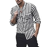 DAIFINEY Herrenmode, gestreift, Leinen, Schnalle, Kragentasche, langärmliges Hemdoberteil Herren Hemd Body Fit 45