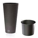 Blumenkübel dünne Design Rato freistehend Blumentopf 8 L Umbra Dunkel Braun Übertopf 38 cm hoch Rattan Optik Pflanzkübel aus Kunststoff mit Einsatz