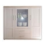 ROMANCE Highboard in Sibiu Lärche / Eiche San Remo Optik - Landhausstil Wohnzimmerschrank mit viel Stauraum und LED-Beleuchtung - 156 x 137 x 46 cm (B/H/T)