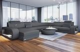 Sofa Dreams XXL Stoff Wohnlandschaft Berlin - mit LED Beleuchtung, verstellbare Kopfstützen, Ottomane/Mikrofaser/Ausrichtung wählbar (Ottomane Links, Grau)