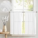 Vangao Leinen Scheibengardine Weiß Bistrogardine Halb Transparent Privatsphäre Uni Gardine Sheer Vorhang Paarig Schals Fensterschal für kleine Fenster Küche Wohnzimmer Landhaus 2 Stück 65x90cm(BxH)