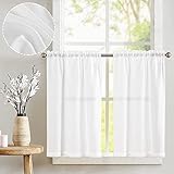 Vangao Leinen Scheibengardine Bistrogardine Halb Transparent Privatsphäre Uni Gardine Sheer Vorhang Paarig Schals Fensterschal für kleine Fenster Küche Wohnzimmer Landhaus 2er-Set 65Bx115H(cm) Weiß