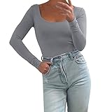 Geilisungren Body Damen Langarm Spitze Einfarbiger Damen-Bodysuit mit Langen Ärmeln, doppelt gefüttert, Basic-Tanga-Stil, butterweicher Stoff Mieder Hose Bauch Weg Square Neck Slim Fit Bodysuit