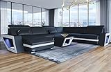 XXL Sofa Wohnlandschaft Catania mit USB und Beleuchtung Ledersofa in U Form Couch mit Kopfstützen (Ottomane Links, Schwarz-Weiß)