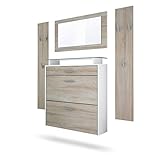 Vladon Garderobe Malea, Garderobenset bestehend aus 1 Hängeschuhschrank, 1 Wandspiegel und 2 Garderobenpaneele, Weiß matt/Eiche Sägegrau