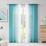 Melodieux Gardinen mit Kräuselband Ombre Transparent Vorhänge für Wohnzimmer 2er Set, 225x140cm Blau Grün