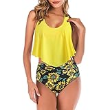 wjiNFDFG Übergröße Herren Damen-Vintage-Badeanzug, zweiteilig, Retro-, gerüscht, mit hoher Taille, Bedruckt, Bikini-Set, Sonnenblumen-Print, Overlay, Badeanzug Muskelshirts Herren