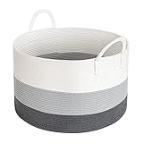 INDRESSME XXL Groß Wäschekorb Geflochten aus Baumwollseil Aufbewahrung Korb mit Henkel für Decken Kissen im Wohnzimmer, D53 x H35 cm