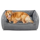 FEANDREA Hundebett, Hundekissen in Leinenoptik, Hundekorb, erhöhte Ränder, rutschfeste Unterseite, Bezug abnehmbar und waschbar, Größe XL, für große Hunde, 110 x 75 x 27 cm, hellgrau PGW12GG