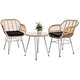 Casaria Balkonset 3 teilig 5cm Auflagen Wetterfest 5mm Sicherheitsglasplatte Höhenverstellbar Rattan Look Outdoor Terrasse Balkon Gartenmöbel Korbsessel