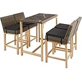 TecTake Alu Rattan Bartisch mit Barhocker Set, 5-teiliges Gartenbar Set, Outdoor Barset mit Stehtisch und Barstuhl + Polster, Gartentheke mit Tischplatte in Marmoroptik, Holzbeine, wetterfest (Natur)