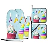 Opsrey Bunte Happy Birthday Cupcakes bedruckte wiederverwendbare Küche Kochen Handschuhe Ofenhandschuh und Topflappen Set von 4