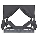 Hommdiy Gartenliege Sonnenliege mit Vorhängen Doppelliege Relaxliege Sonnenbett Doppelbett Gartenmöbel Liege Liegestuhl Poly Rattan Grau