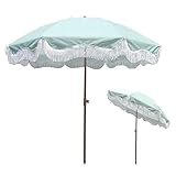 200 cm Strandschirm mit Fransenspitze, Sonnenschirm Strand mit UV Schutz 50+, Neigbarer Terrassenschirm mit 8 Stabilen Rippen, Höhenverstellbar, Grün, ohne Ständer