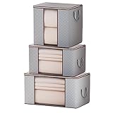 LNGFSH 3 Stücke Große Faltbare Aufbewahrungstasche Schrank Organizer mit Durchsichtige Wasserdicht Fenster verstärkt Griff stabilem Reißverschluss für Bettwäsche, Kleidung, Decken, Grau