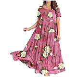 tsaChick kleid damen weiß Women's Summer Casual Flowy Beach Square Neck Puffy Short Sleeve Smoke Back Bohemian Floral Long Maxi Dress sommerkleid damen knielang damen sommerkleid elegant bandeau kleid