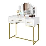 WOLTU Schminktisch mit 3 Spiegeln, 3 Schubladen, große Tischplatte 94x40x125cm, Kosmetiktisch für Schlafzimmer, Weiß+Gold, MB6093ws
