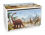 Leomark Holzspielzeugkiste auf Rädern, Höhe: 46 cm, Sitzbank mit Stauraum, Spielzeugkiste mit Deckel, XXL Kinderbank - Truhenbank für Kinder, weiße Aufbewahrungsbox 91L (Dinosaurier Jurassic)