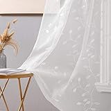 MIULEE Sheer Vorhang Voile Blumen Stickerei Vorhänge mit Ösen transparent Gardine 2 Set Ösenvorhang Gaze schals Fensterschal für Wohnzimmer Schlafzimmer Weihnachten Dekoration 225cmx140cm(HxB) Weiß