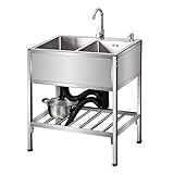 Edelstahl-SpüLe，KüChenspüLe Mit Unterschrank，DoppelspüLe，Freistehende SpüLe，Geeignet FüR Restaurants, KüChen, Bars, WaschküChen, ReinigungsräUme, Garagen (Color : Hot cold faucet, Size : 72x40cm)