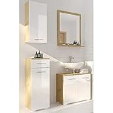 Lomadox Bademöbel Badezimmermöbel Set, Hochglanz weiß mit Artisan Eiche, Hängeschrank, Unterschrank, Waschbeckenunterschrank, Spiegel, B/H/T ca. 112/187/32 cm