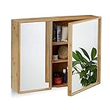 Relaxdays Bad Spiegelschrank 2-türig, Wandschrank aus Bambus, vormontierter Badschrank HxBxT: 50 x 65 x 14 cm, natur