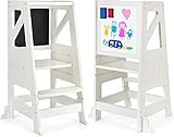 Dripex Lernturm für Kinder, Lernturm Höhenverstellbar Kippschutz, Montessori Holz Lernturm mit Doppelseitige Tafel Für Kinder Baby, ideales Montessori Küchenhelfer ab 1 Jahr (Weiß)