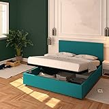 Baldiflex Doppelbett mit Aufbewahrungsbox Modell Rossano aus Stoff, Lattenrost für Einzelbetten 160 x 200 cm, elegantes Kopfteil, Türkis