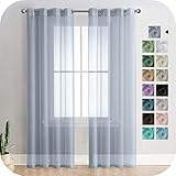 MRTREES Voile Gardinen Vorhang halbtransparent kurz mit Ösen in Leinenoptik Stores Gardinen Schals für Wohnzimmer Schlafzimmer Kinderzimmer Grau 225×140cm (H×B) 2er Set