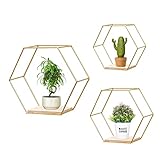 Umelee Set aus 3 Hexagon-Wandregalen, Schwebenden Regalen, Metall- und Holz-Hängeregalen für Schlafzimmer, Bad, Wohnzimmer, Küche, Waschküche, Aufbewahrung & Wanddekoration (Gold)