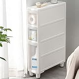 Schmaler, hoher Bodenschrank für Badezimmer, vertikales Aufbewahrungselement mit 4 transparenten Schubladen und Rollen, schlanker, freistehender, schmaler Kommoden-Turm
