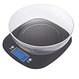 EMOS EV025 Küchenwaage mit Schüssel/Digitalwaage mit beleuchtetem LCDDisplay/Tara-Funktion/Nahrungsmittelskala/ElektronischeWaage/Präzisionbiszu1g/Tragkraft5kg,Schwarz,22,3x19,8x2cm