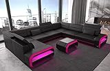 Wohnlandschaft Verona Ledersofa U Form Sofa - mit LED Beleuchtung, verstellbare Kopfstützen/Lederfarben wählbar/Ausrichtung wählbar (Lange Seite rechts, Schwarz-Pink)