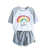 MEITING Kurz Schlafanzug Damen Pyjama mit Tierdruck Sommer Kurzarm Pyjamas Set Nachtwäsche Set Zweiteiliger Freizeitanzug mit Pyjamahose und Shirt Rundhals Sleepwear für Sommer Loungewear Hausanzug