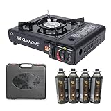 RAYAN Gaskocher inkl. 4 Gaskartuschen - robuster Campingkocher mit Gaskartusche – Gaskocher mit Kartusche 1-flammig – Herdsets - Campingkocher stufenlos regulierbar mit Piezozündung