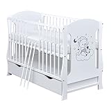 Generisch Baby Delux Babybett Kinderbett umbaubar Juniorbett weiß 120x60 cm Schublade Matratze Motiv Traumbär (mit Schaumstoffmatratze 120x60x6 cm)