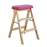 Massivholz-Klappstuhl, multifunktional, LaddStool, klappbar, für Küche, Ordner, Bibliothek, Schreibtisch, 3 Stufen, Mini-Schreibtisch, abgestufte Leiter (4 Farben) (Farbe: ROT)