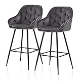 TUKAILAi Industrie-Barhocker, 2 Stück, Samt, Küche, Frühstück, hohe Sitzhöhe, 75 cm, mit Metallsockel, Fußstütze, Essinsel, Pub, Party, Barhocker, Heimmöbel, Grau