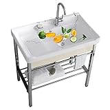 Keramikspüle Küchenspüle, Freistehende Schwarze Spülbecken, Edelstahlhalterung Küche Spüle Mit Lagerregalen, Camping Spüle Waschbecken Handwaschbecken Für Waschküche, Restaurant, Garage (Size : 70x48