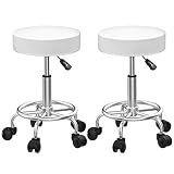 Rollhocker Höhenverstellbar 2er Set, Profi Hocker mit Rollen 360° Drehstuhl, Robuster Drehhocker 10 cm Dicke Polsterung, Weiß Arbeitshocker als Barhocker Bürohocker Schminkstuhl Werkstatthocker
