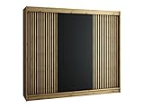 Kryspol Schwebetürenschrank LAMELO mit Zierstreifen, Kleiderschrank mit 2 Kleiderstange, Modern Design (250 cm), Artisan + Schwarz Matt + Lamellen: Artisan