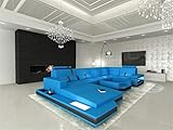 Sofa Wohnlandschaft Messana U Form Leder - mit LED Beleuchtung, verstellbare Kopfstützen, Recamiere/Lederfarben wählbar/Ausrichtung Ottomane wählbar (Ottomane Links, Blau-Schwarz)