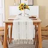 Rustikaler Leinen-Tischläufer, Bauernhaus, gestreift, bestickt, Boho, 228,6 cm lang, hohl, handgefertigt, gewebte Quaste für Küche, Esszimmer, Urlaub, Hochzeit, Party, Heimdekoration (weiß, 35,6 cm B