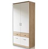 AP691-OR95 Kleiderschrank Jugendzimmerschrank Schrank Bremen 2türig in Eiche Sägerau Dekor / Weiss mit 4 Schubladen ohne Spiegel