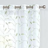 TOPICK Sheer Vorhang Voile Gardinen mit Ösen Blätter Stickerei Transparent Ösenschal Gaze Paarig Ösenschals Blatt für Wohnzimmer Schlafzimmer Stores Gardinen Dekor 2er Set Grün auf Weiß 140x245 cm