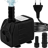 Mini Wasserpumpen(600L/H, 10W), Ultra Leise Aquarium pumpe mit hohem Hub, brunnenpumpe mit 1,5 m Netzkabel, 2 Düsen für Aquarien, Teich, Brunnen, Statuen, Hydrokultur