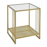 MODERION Beistelltisch aus goldfarbenem Glas mit Gehärteter Glasplatte, Metallgestell, Balkon Couchtisch, Sofatisch, Nachttisch, Stabil, 45.5 X 45.5 X 55 cm